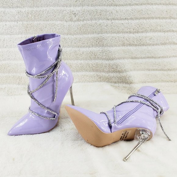 Lilac Purple Stretch Patent High Heel Ankle Boots with Rhinestone Straps - Picture 6 of 14